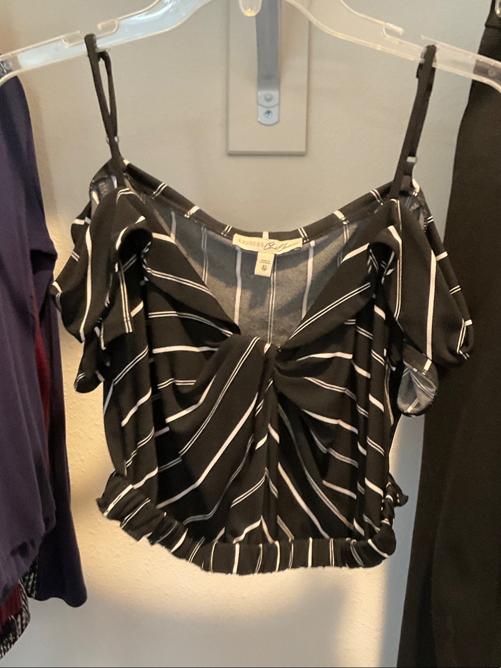 Express Black and White Striped Off-Shoulder Crop Top